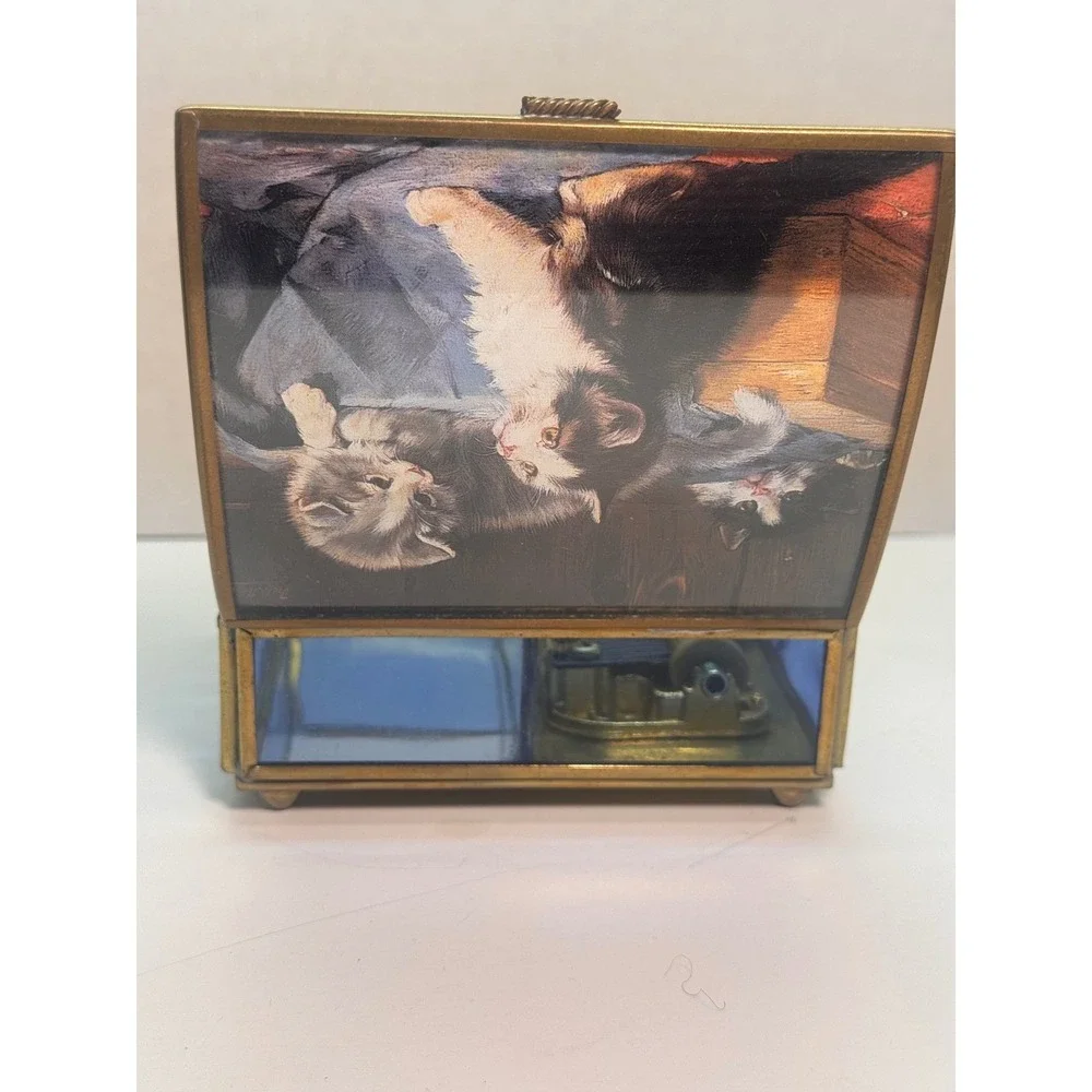 RARE Vintage Kitten Music Jewelry Trinket Box Blue Glass Brass Tone Slight Crack
